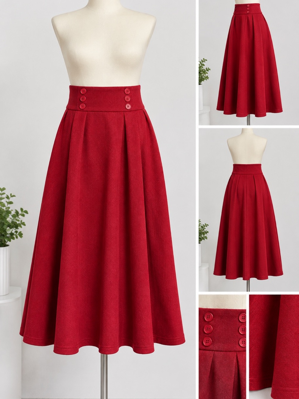 Red A-Line Midi Skirt with Buttoned Waistband